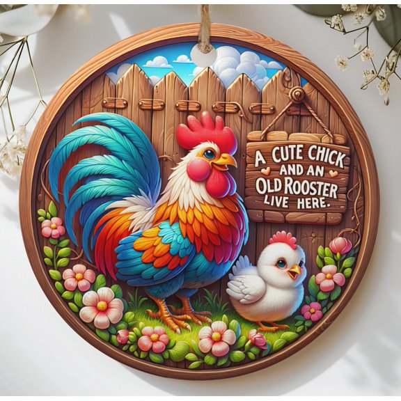 Cute Chicken And Chick Ornament Whimsical Farmhouse Decor Rustic Country Animal Art Family Housewarming Gift Farm Life Lover Present 2D FLAT Ceramic Ornament