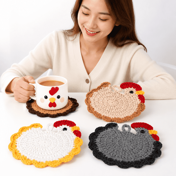Cute Chicken Coasters for Drinks - 4 PCS Handmade Crochet Cotton Coaster Set, Animal Cup Mats for Coffee Table Decor, Adorable Gift for Women, 4.7 Inches with Round Hanger