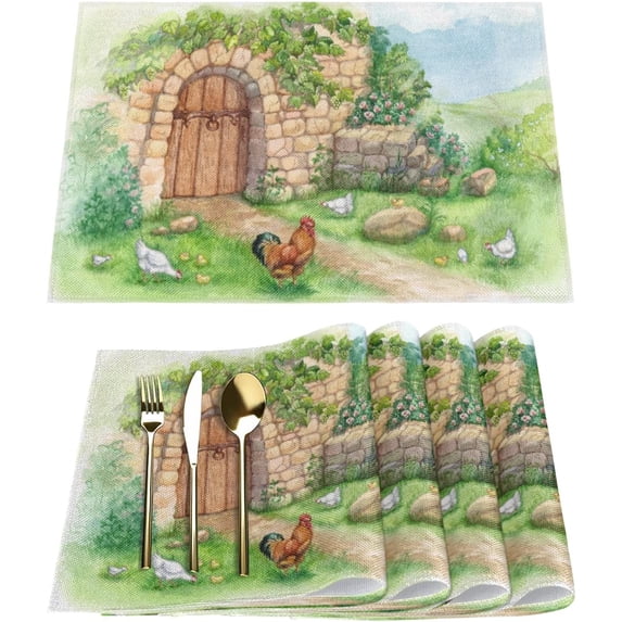 Cute Chicken Cock Placemats Set of 4 Rectangle Table Mats Washable Heat-Resistant Place Mat for Kitchen Dining Table Decor Indoor Outdoor