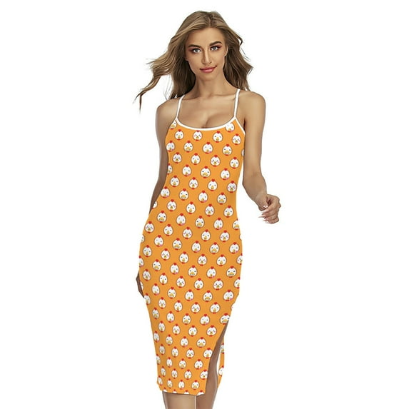 Cute Chicken Emoji Pattern Printed Cross Back Cami Dress, Farmer Gifts Fashion Summer Maxi Sexy Casual Dress For Women