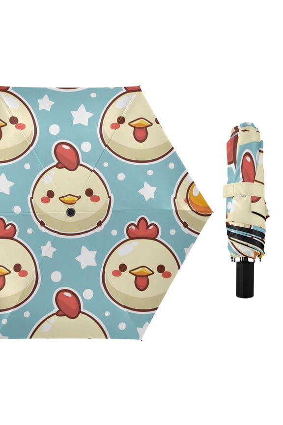 Cute Chicken Faces Stars Dots All Weather Umbrella Triple Folding Parasol 6 Ribs UV Protection Portable