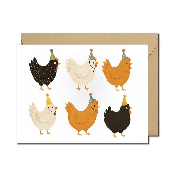 Cute Chicken Party Greeting Card - Blank Inside with Matching Brown Envelope - Fun for Any Occasion