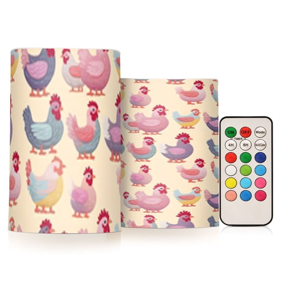 Cute Chicken Print Kitchen Flickering Flameless Candles Battery Operated with Remote Timer LED Pillar Candles Set of 2