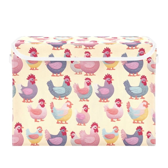 Cute Chicken Print Large Storage Bins with Linen Collapsible Lid Storage Box 16.7 x 12.6 x 11.8in