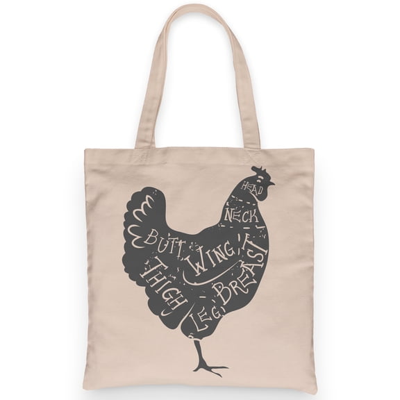 Cute Chicken Tote 100% Cotton Fun Grocery Tote, Book Tote. Premium Cotton Canvas 15.5" by 19.5 " with 5" Gusset, Cuts of Meat Butcher Chart