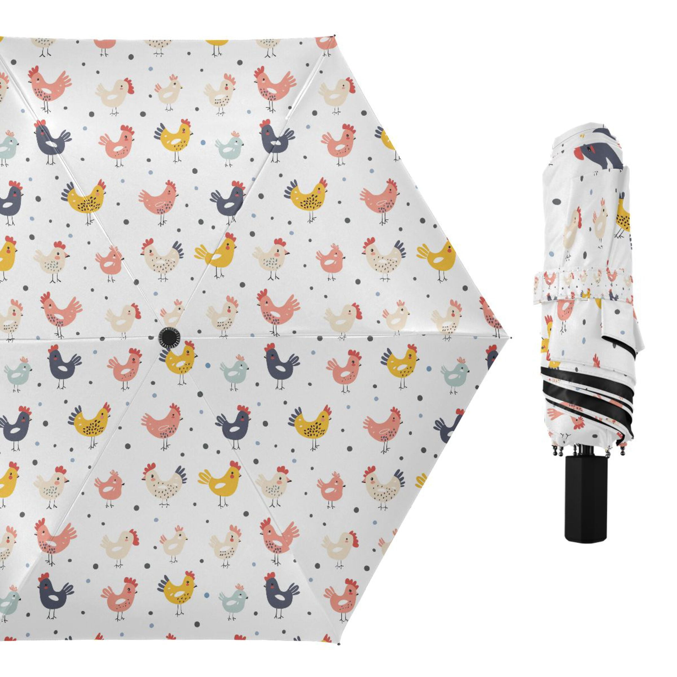 Cute Chicken and Dots Compact Sun Umbrella Windproof Travel Umbrellas for Rain Strong Portable UV Protection