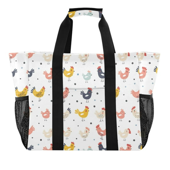 Cute Chicken and Dots Reusable Grocery Bags with Handle Side Pocket Waterproof Shopping Portable Tote