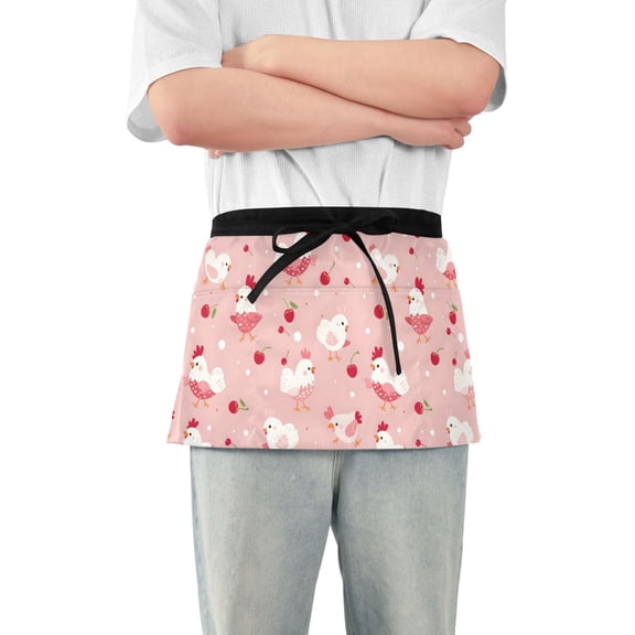 Cute Chicken with Cherry Server Apron with 3 Pockets Waterproof Waitress Waist Short Apron for Man Woman 12 Inches