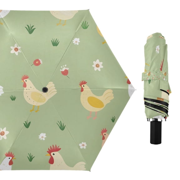 Cute Chicken with Flower Compact Sun Umbrella Windproof Travel Umbrellas for Rain Strong Portable UV Protection