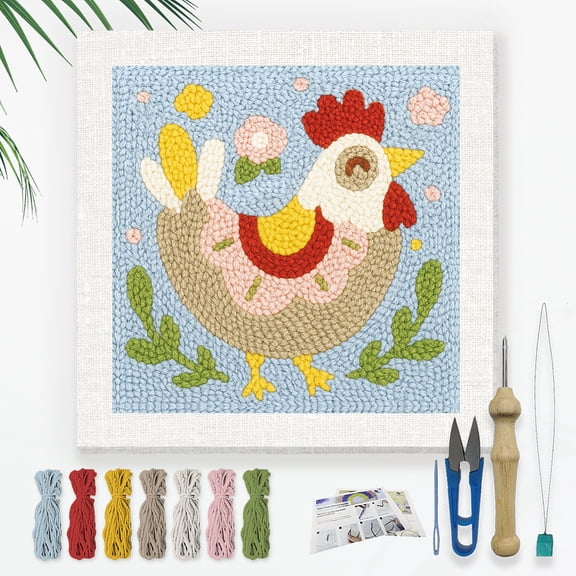 Cute Chickens DIY Punch Needle Embroidery Kit for Adult Beginner 9.4" Rooster Animal Punch Stitching Craft Set for Starter with Frame Fabric Pattern