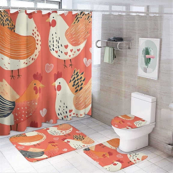 Cute Chickens with Love 4Pcs Shower Curtain Set with Rugs with Rugs Toilet Lid Cover And Bath Mat Valentines Day Holiday Durable And Waterproof for Bathtub Decor