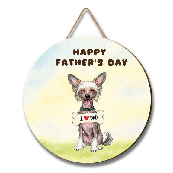 Cute Chinese Crested Loves Dad Happy Father's Day Round Wood Sign Dog Lover Hanging Wall Home Decor - 12008