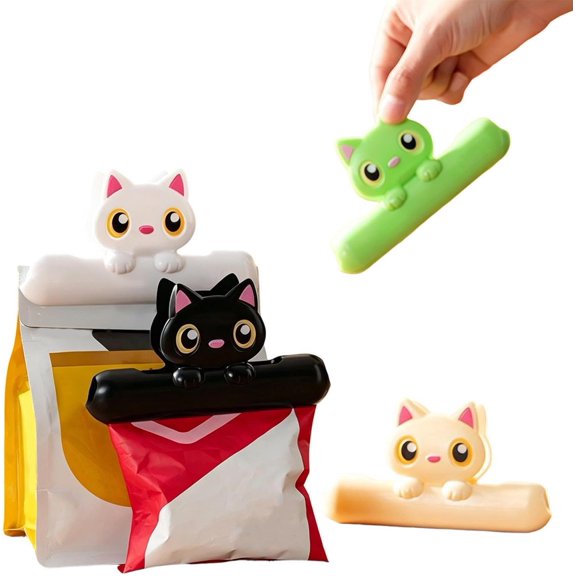 Cute Chip Clips, Set of 4 Sealing Cat Bag Clips for Food, Fun Cat Shaped Chip Clip, Upgrade Wide Open Bag Clip for Food Storage and Kitchen Snacks, Fun Party Decorations