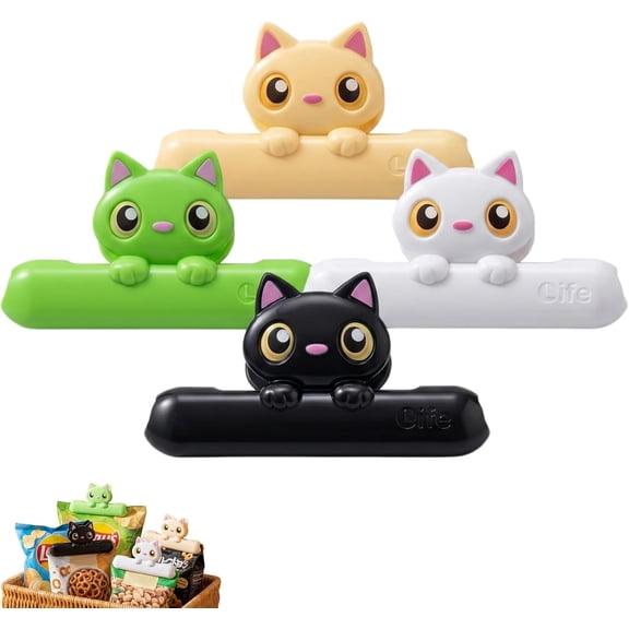 Cute Chip Clips, Set of 4 Sealing Cat Bag Clips for Food, Fun Cat Shape, Wide Opening, Airtight Seal for Snacks & Party