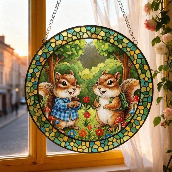 Cute Chipmunk Glass Suncatcher, Cartoon Animal Window Hanging, Whimsical Kids Decor, 3.5 in