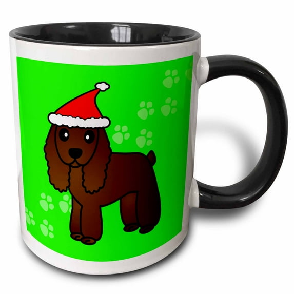3drose, Cute Chocolate Cocker Spaniel Green Paw Background with Santa Hat, 15oz Two-tone Black Mug