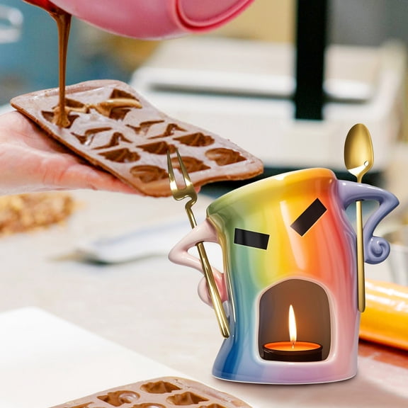 Cute Chocolate Fondue Mug Set, Handmade Ceramic Melting Pot with 2 Forks, for Date Night, Birthday, Wedding Anniversary, Romantic Gift, Home Dining Idea