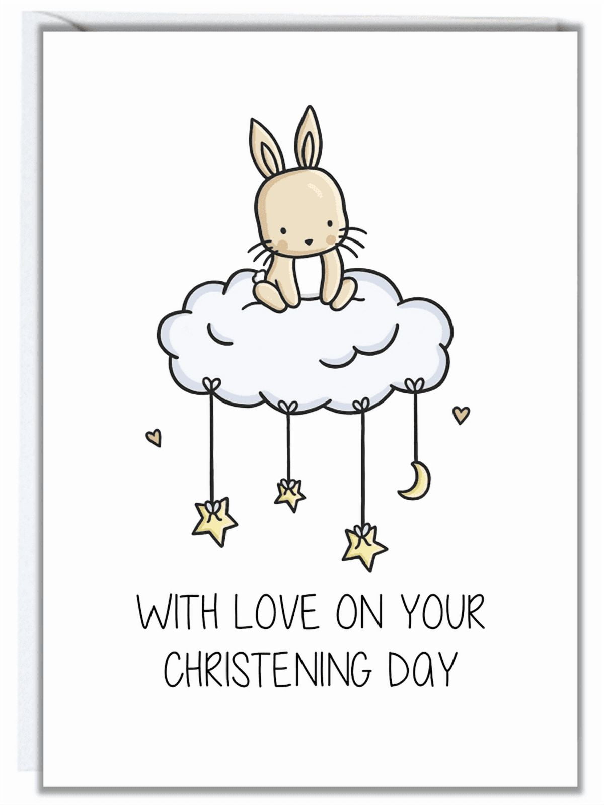 Cute Christening Card for Baby Adorable Bunny on Cloud Design with Stars and Moon Blank Inside, Envelope Included Perfect for Celebrating Christening Day
