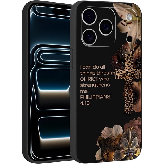 Cute Christian Jesus Cross Phone Case for iPhone 17 Pro Max Lily Flower Case 6.9", Aesthetic Cheetah Pattern Shockproof Anti-Scratch Soft Slim Flexible Silicone Black Cover for Women Girls