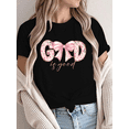 thumbnail image 1 of Cute Christian T-Shirt God Is Good Tee - Pink Floral Pattern Short Sleeve Tops with Bow Accent, Sweet Girly Faith Design for Church Wear & Feminine Outfits, 1 of 5
