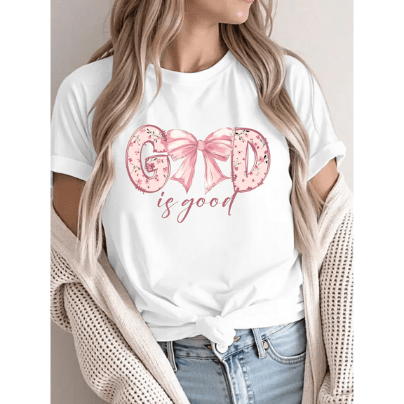 Cute Christian T-Shirt God Is Good Tee - Pink Floral Pattern Short Sleeve Tops with Bow Accent, Sweet Girly Faith Design for Church Wear & Feminine Outfits