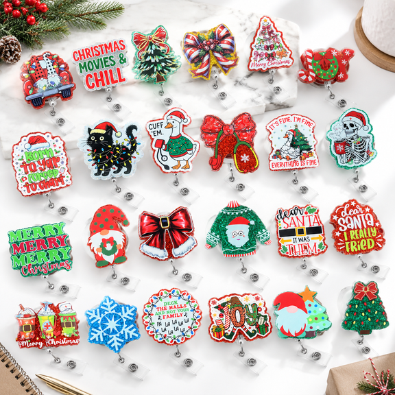 Cute Christmas Badge Reels Bulk 24-Pack Retractable Winter Holiday ID Holders