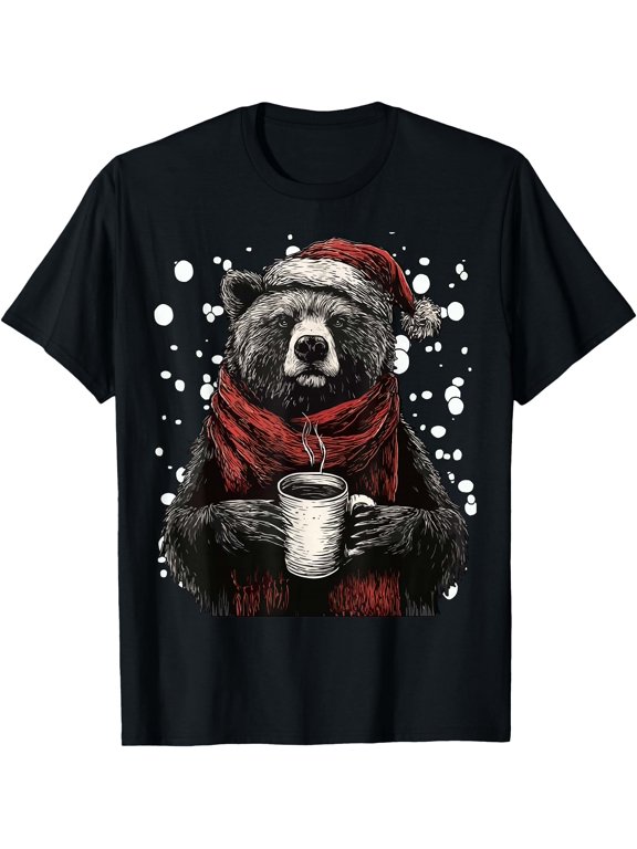 Cute Christmas Bear With Santa Hat Coffee Lover Winter T-Shirt