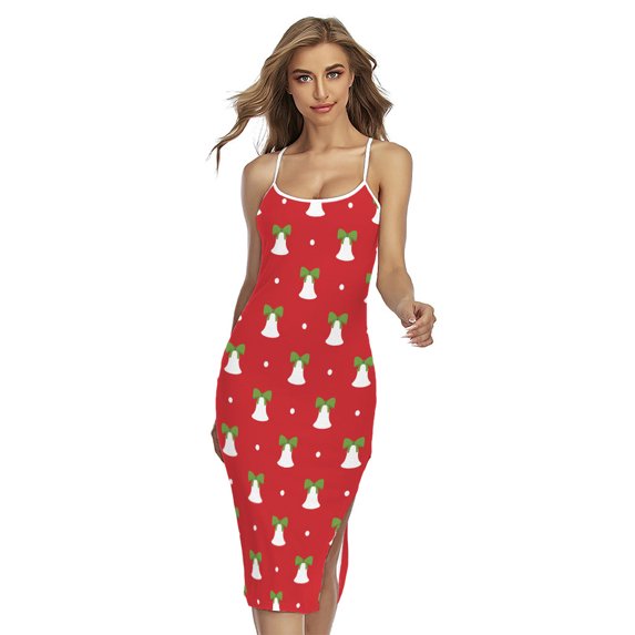 Cute Christmas Bell Pattern Printed Cross Back Cami Dress, Jesus Christian Fashion Summer Maxi Sexy Casual Dress For Women
