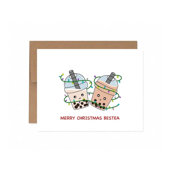 Cute Christmas Bubble Tea Card  "Merry Christmas Bestea" Design  Envelope Included, Blank Inside  Perfect Holiday Greeting for Boba Tea Lovers