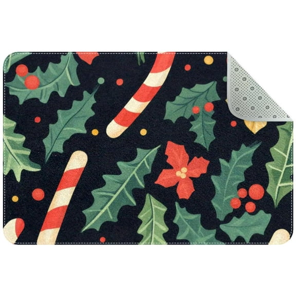 Cute Christmas Candy Cane and Holly Xmas Background Small Area Rug, Non-Slip Door Mat Indoor Floor Mat, Washable Kitchen Rug Entrance DMat for Bedroom Living Room