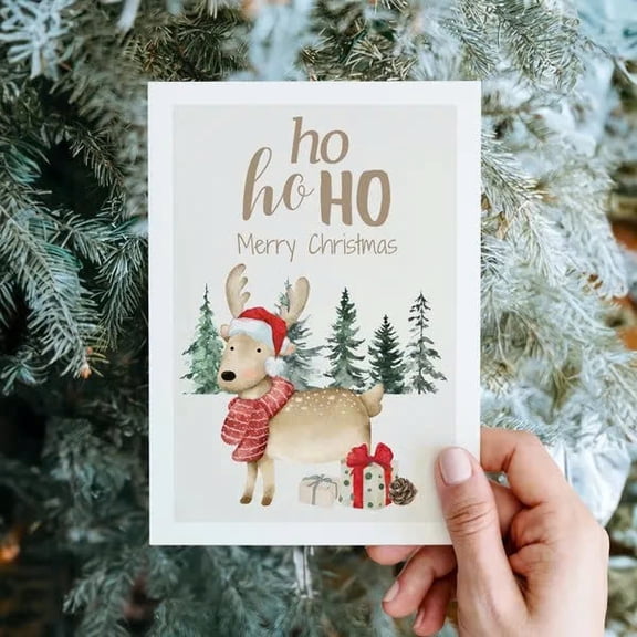 Cute Christmas Card with Reindeer Design "Ho Ho Ho Merry Christmas" Greeting Card Perfect for Holiday Wishes, Festive Messages, and Seasonal Greetings Envelope Included