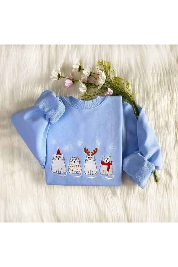 Cute Christmas Cat Embroidered Sweatshirt