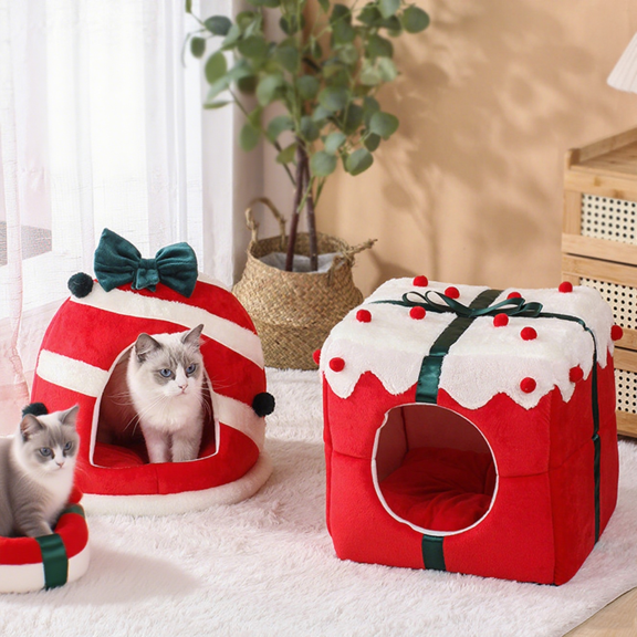 Cute Christmas Cat House Bed - Box Shaped Xmas Dog Cave Nest - Removable Washable Warm Condo Tents Hideaways (13.78 x 13.78 Inches, Red Gift Box )