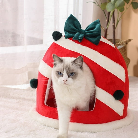 Cute Christmas Cat House, Indoor Cat Bed with Hanging Balls & Removable Cushion