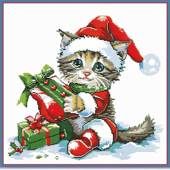 Cute Christmas Cat with Santa Hat DIY 11CT Stamped Cross Stitch Kits for Beginners Easy Needlepoint Embroidery Counted Cross Stitch Art Craft for Wall Decoration 14x14inch(1)