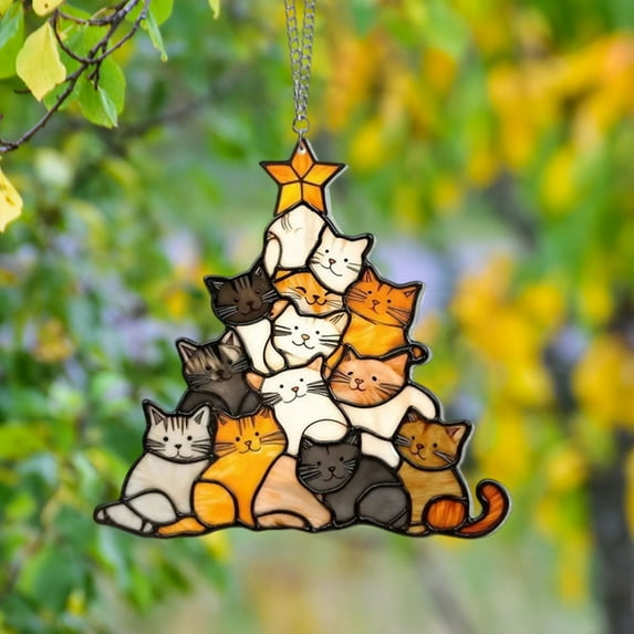Cute Christmas Cats Hanging Suncatcher for Tree Window Indoor Decorations Xmas Gifts for Holiday Season