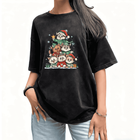 Cute Christmas Cats Print Tshirt Black Holiday Graphic Tees Shirts S-2XL Animal Tops