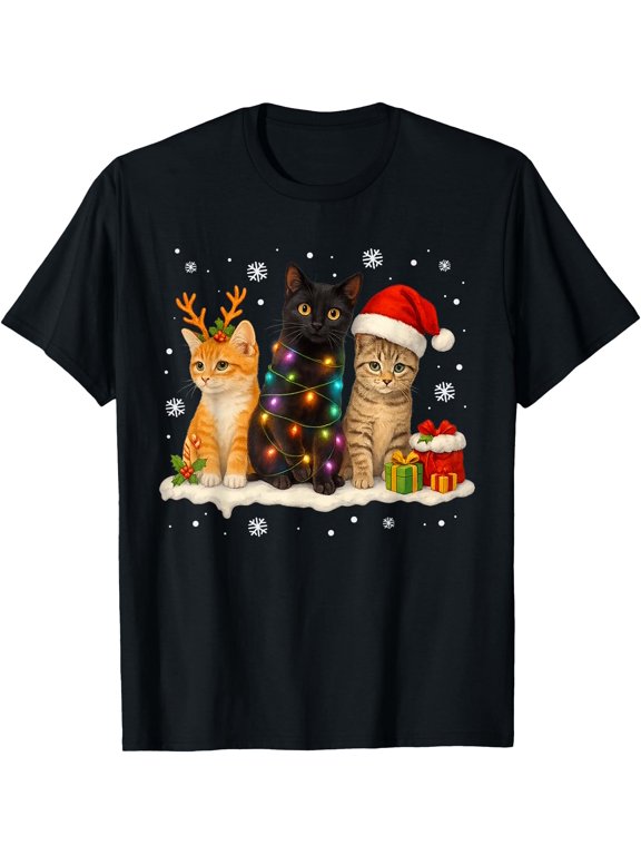 Cute Christmas Cats With Santa Hats Reindeer Xmas T-Shirt