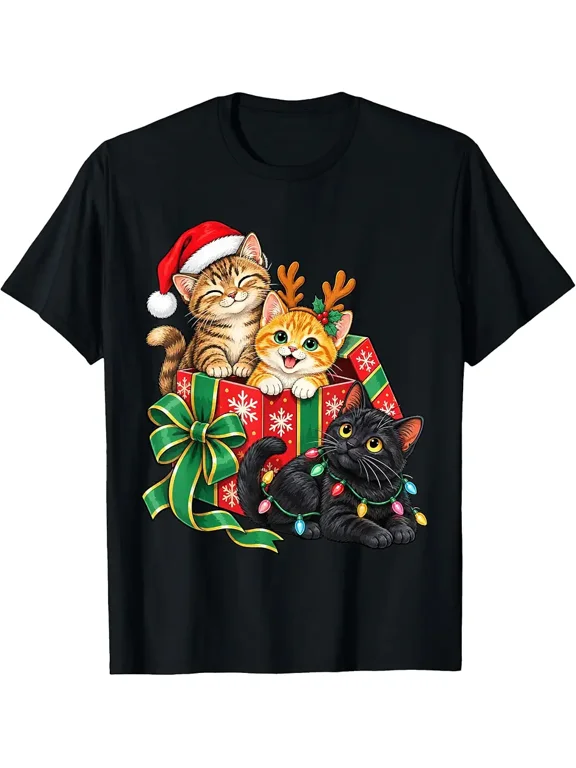Cute Christmas Cats with Santa Hats Reindeer Xmas Holiday T-Shirt