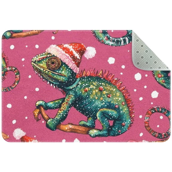Cute Christmas Chameleon with Hat on Pink Background Entryway Rug, 2x3 Area Rug Indoor Door Mat Non-slip Washable Floor Carpet Rug for Bedroom Office Dining Room Bathroom