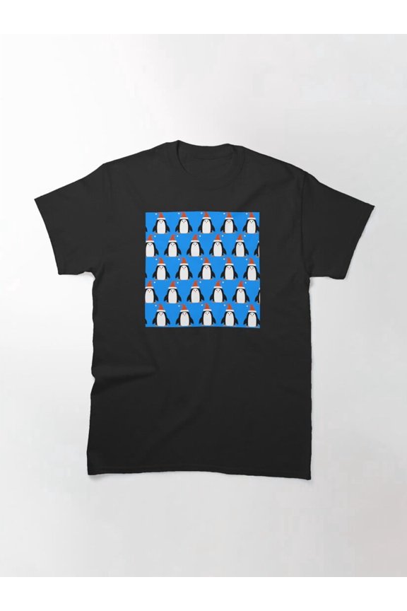 Cute Christmas Colorful Penguins Father Christmas Hat Pattern Unisex T-Shirt up to Size 5XL