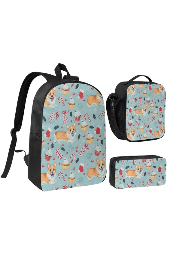 Cute Christmas Corgi Backpack Set 3pc ,Backpack with Lunch Bag and Bag 17 Inch