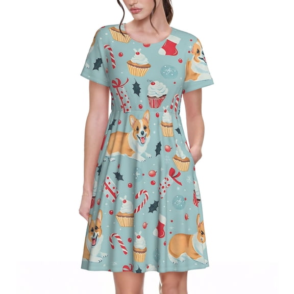 Cute Christmas Corgi Women's Dresses Short Sleeve Nightdresses for Summer