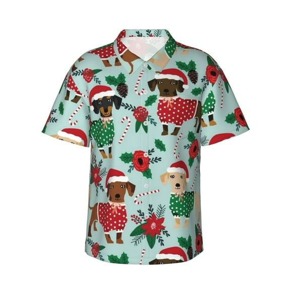 Cute Christmas Dachshunds Men'S 3d Print Casual Button Down Shirts, Novelty Hawaiian Short Sleeves Xl