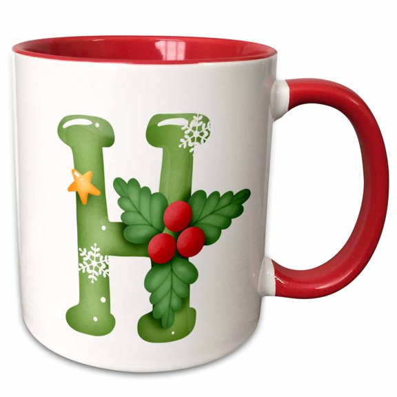 3drose, Cute Christmas Decorated Green Bubble Monogram Initial H, 15oz Two-tone Red Mug