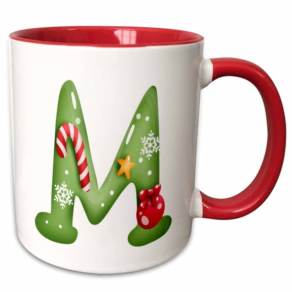 3drose, Cute Christmas Decorated Green Bubble Monogram Initial M, 11oz Two-tone Red Mug