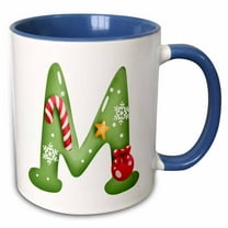 3drose, Cute Christmas Decorated Green Bubble Monogram Initial M, 15oz Two-tone Blue Mug