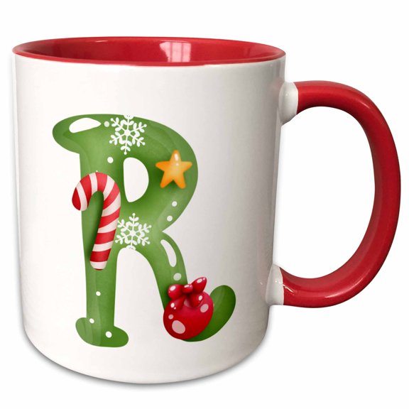 3drose, Cute Christmas Decorated Green Bubble Monogram Initial R, 15oz Two-tone Red Mug
