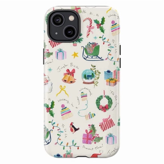 Cute Christmas Doodles Pattern Phone Case, Holiday Sleigh Bells Lights Gifts Cover for iPhone 17 16 15 14 13 12 11 Pro Plus Mini