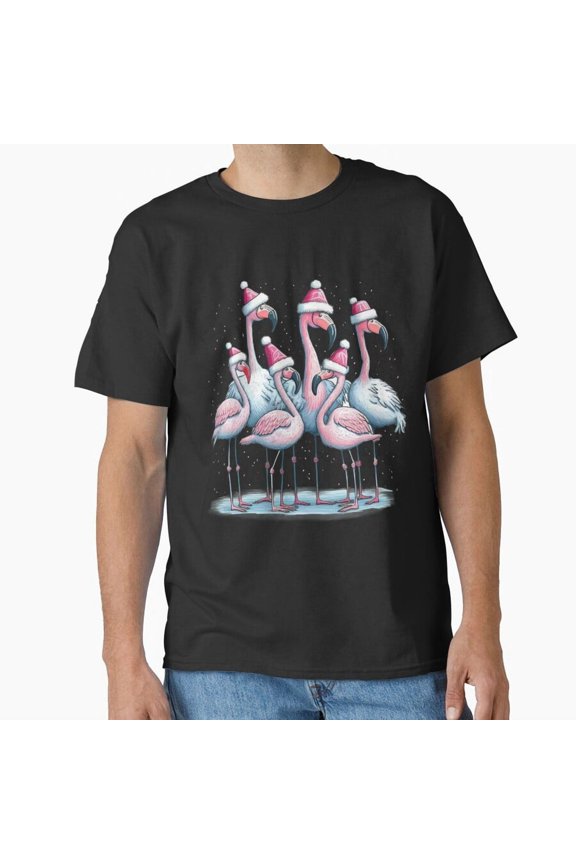 Cute Christmas Flamingos Classic Festive Bird Apparel Unisex T-Shirt, up to Size 5XL